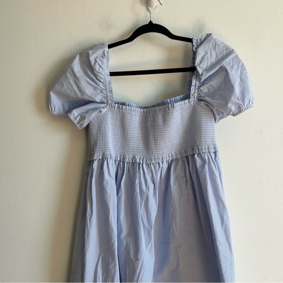 Aritzia Sunday Best Sz L Hadley Blue Striped Coastal Puff Sleeves Mini Dress - Picture 9 of 11